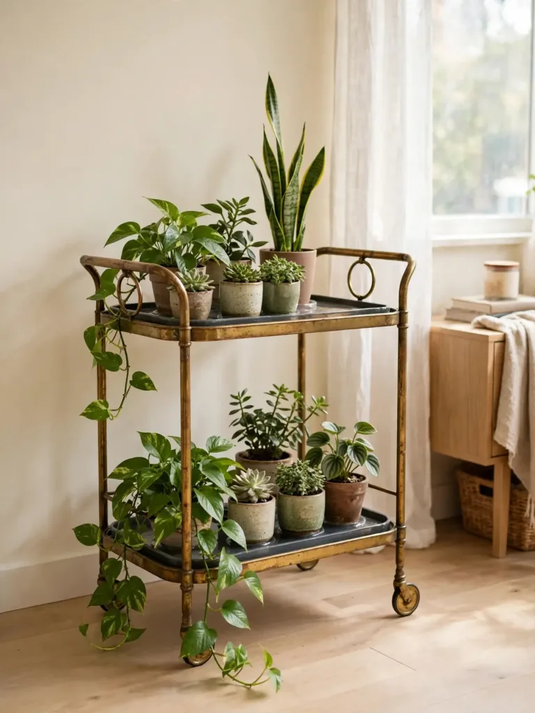 antique bar cart as plant stand with potted plants and trailing pothos
