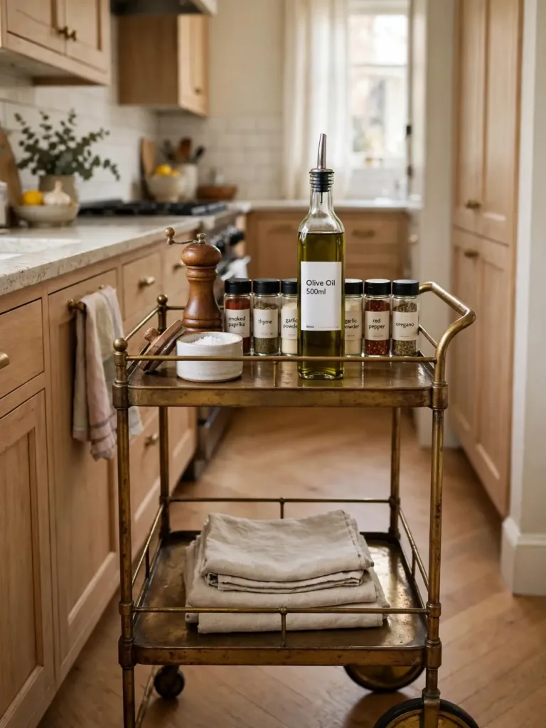 antique bar cart as kitchen overflow with olive oil and labeled spice jars