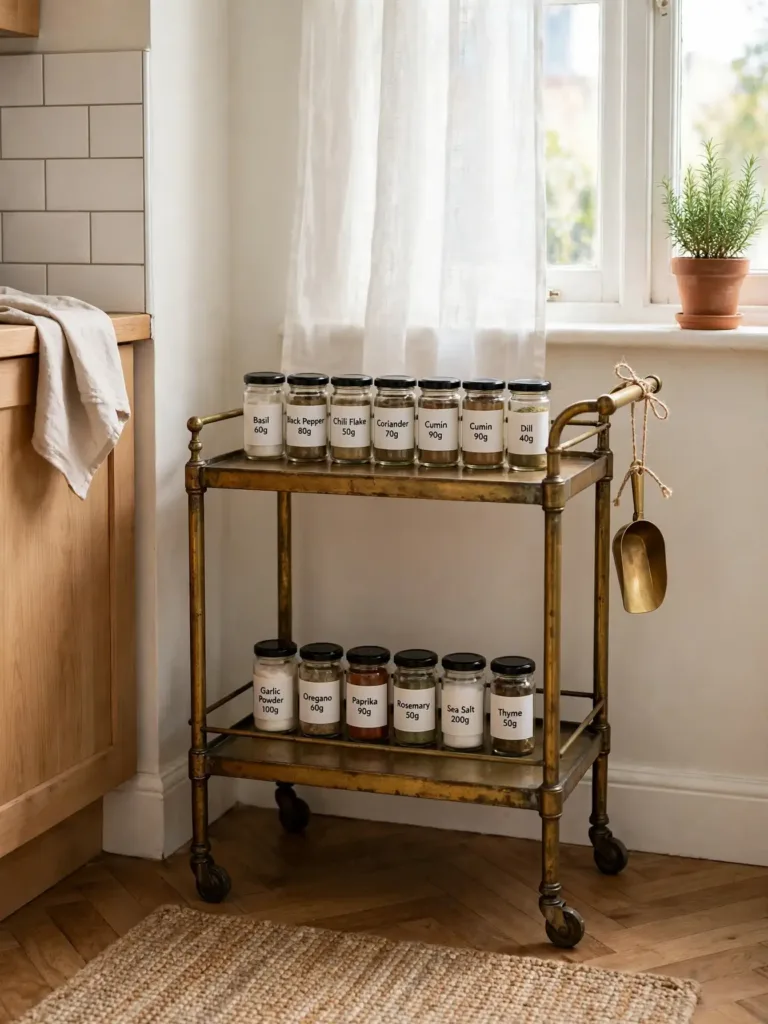 antique bar cart with alphabetized labeled spice jars and brass scoop