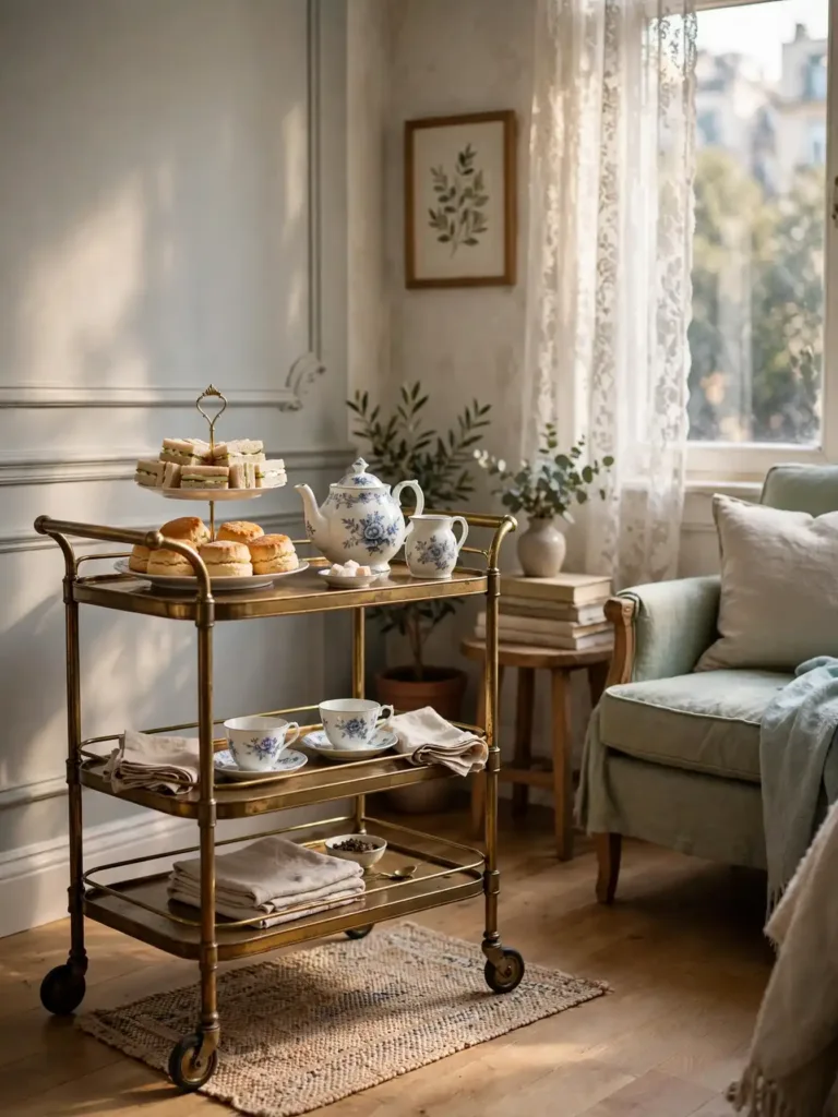 antique bar cart as two-tier tea trolley with scones and teapot