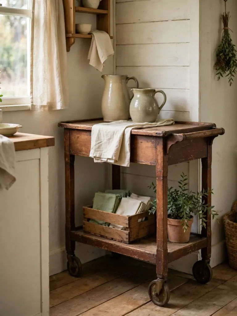 worn wooden antique farmhouse bar cart with stoneware pitchers