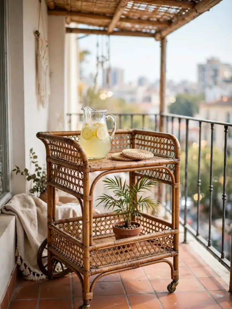 rattan antique bar cart on balcony with lemonade pitcher and palm
