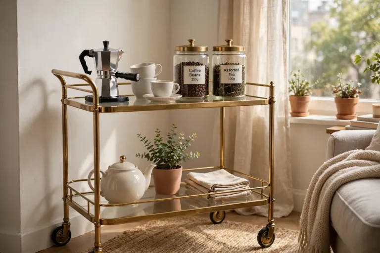 antique brass bar cart styled as coffee and tea station in a bright small apartment corner