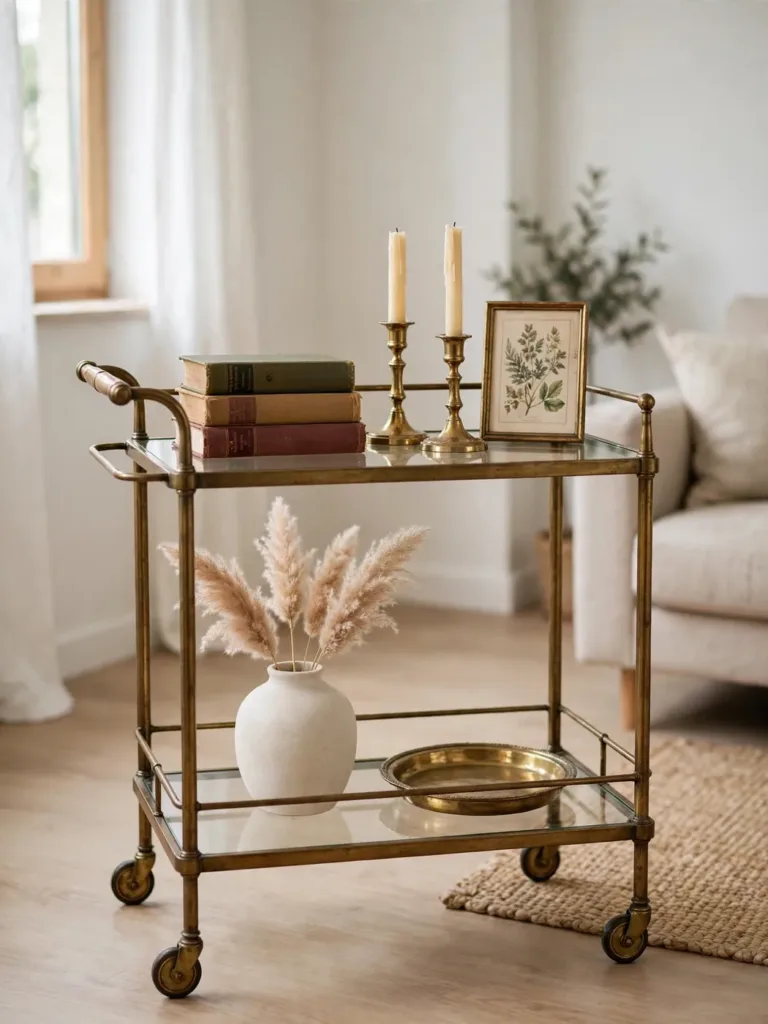 antique bar cart styled as curated display with vintage books brass candlesticks and framed art