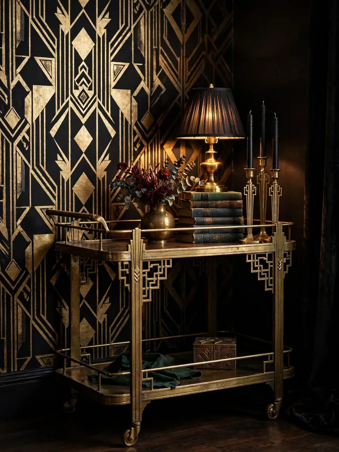 moody art deco antique bar cart with brass lamp candles and vintage books in dark corner