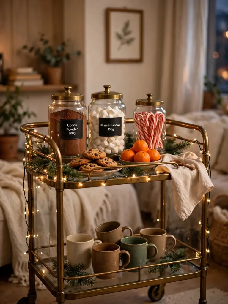 antique bar cart styled as Christmas hot cocoa and cookie station with fairy lights