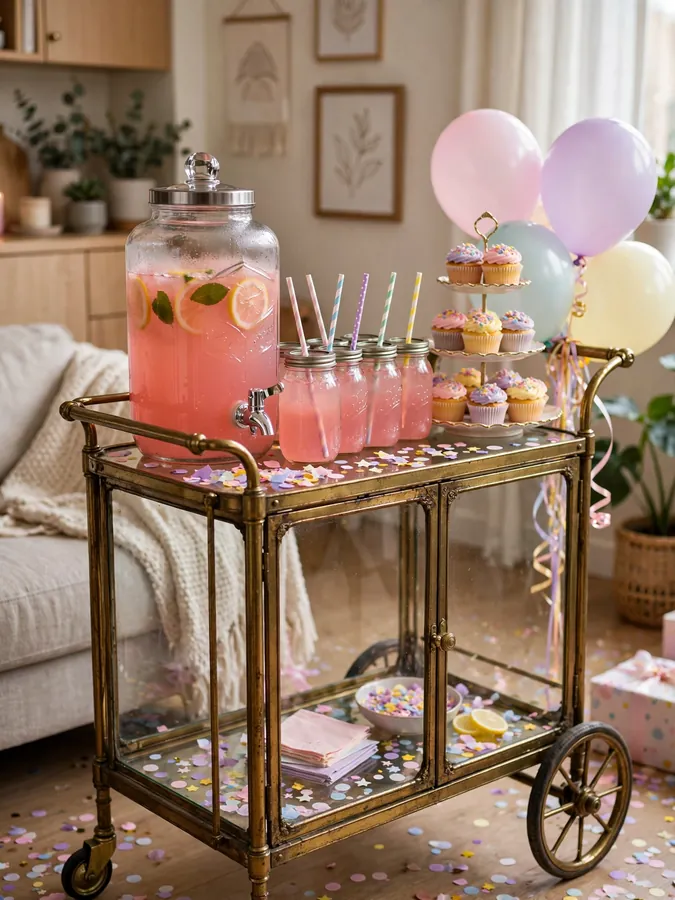 antique bar cart as birthday party drink station with pink lemonade dispenser and cupcakes