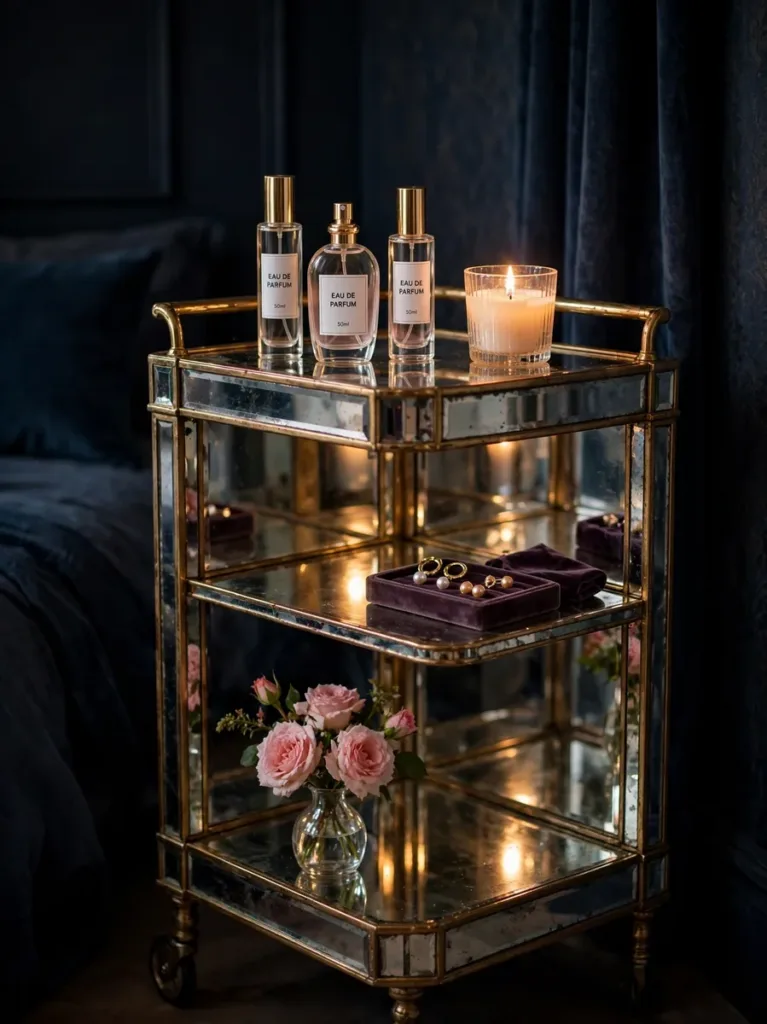 mirrored antique bar cart styled as vanity with perfume bottles candle and jewelry