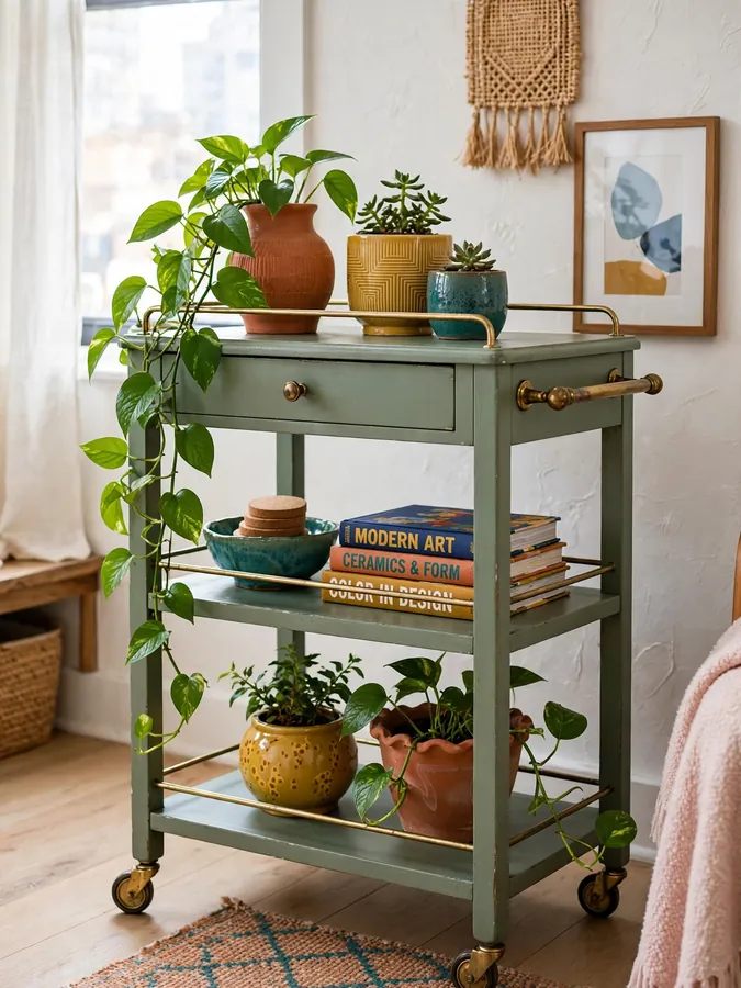 sage green painted antique bar cart with colorful ceramic planters and art books