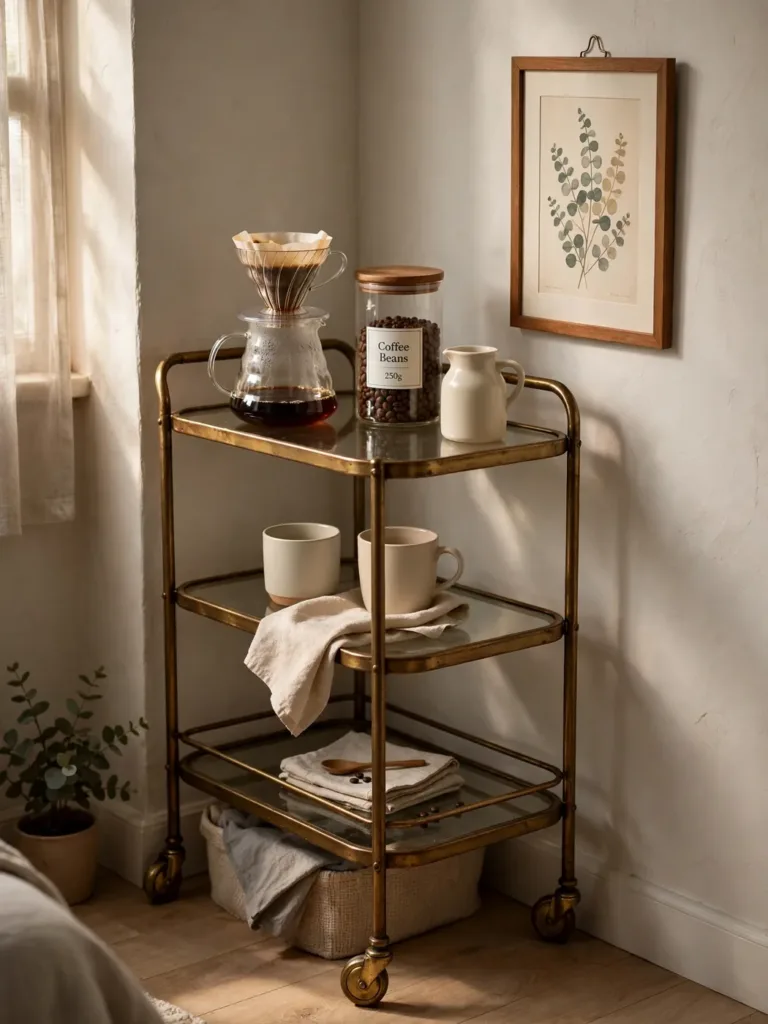 narrow antique bar cart as renter coffee station with pour over brewer in studio corner