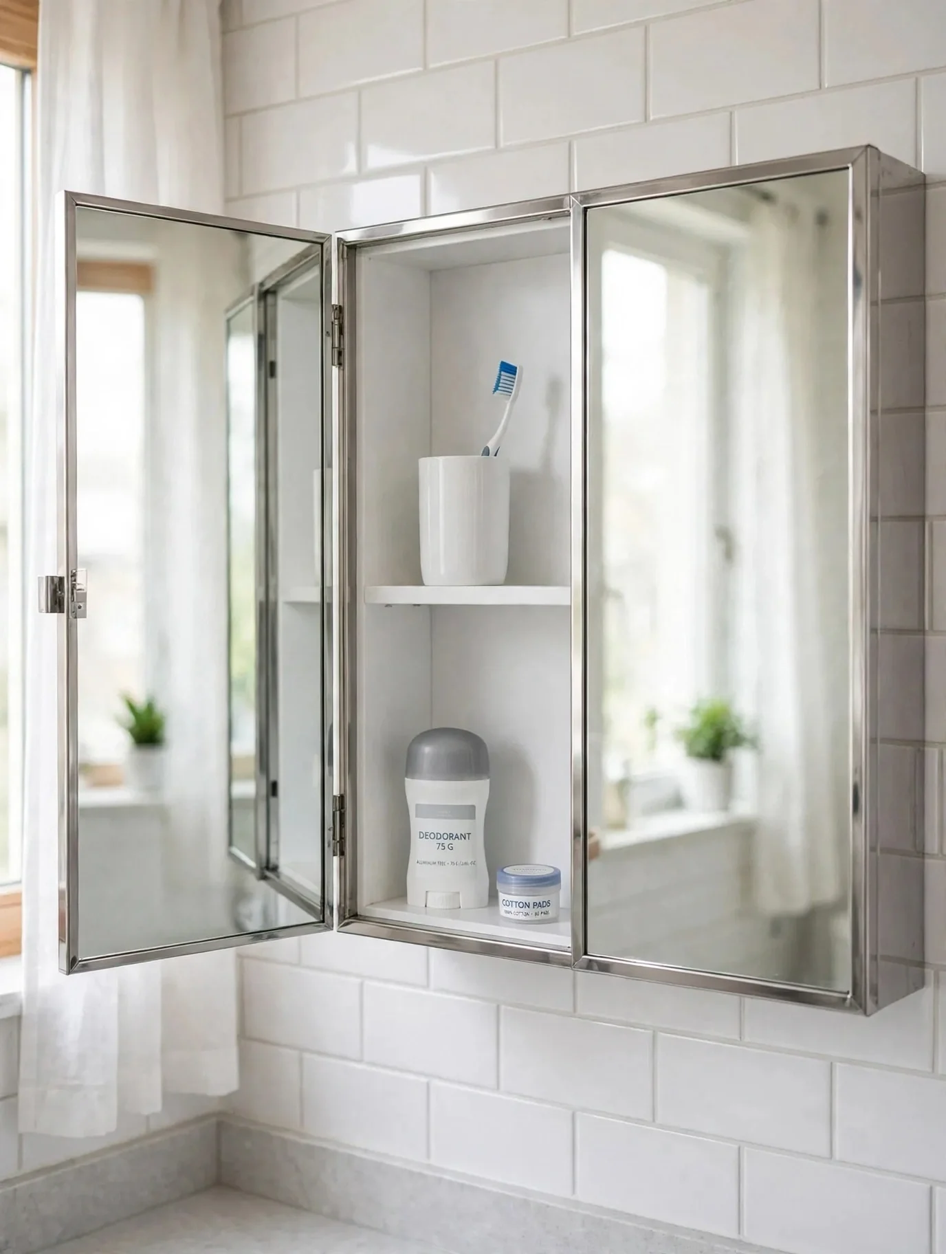 Mirror cabinet with toiletries stored behind the mirror