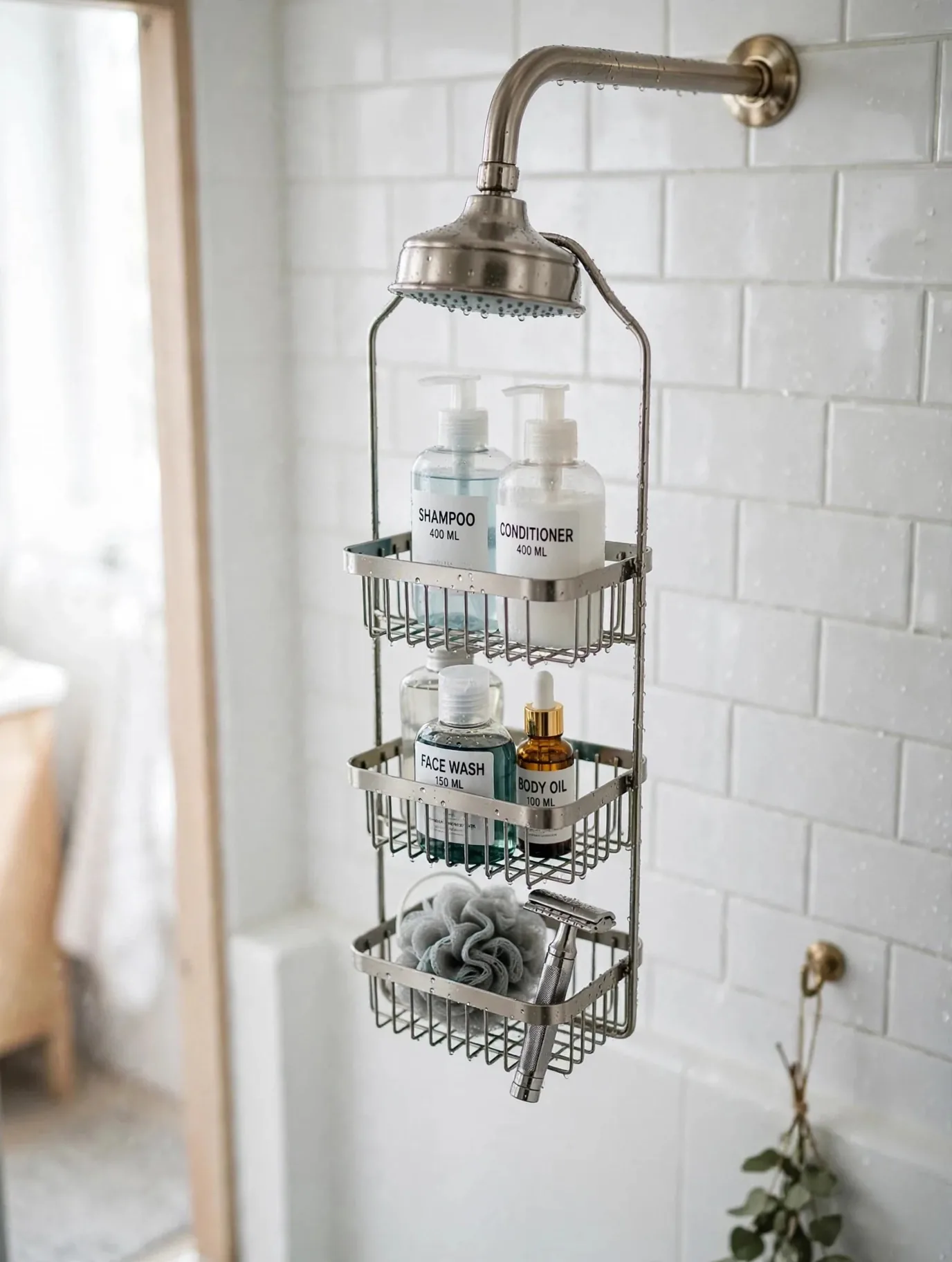 Stainless steel shower caddy hanging from showerhead