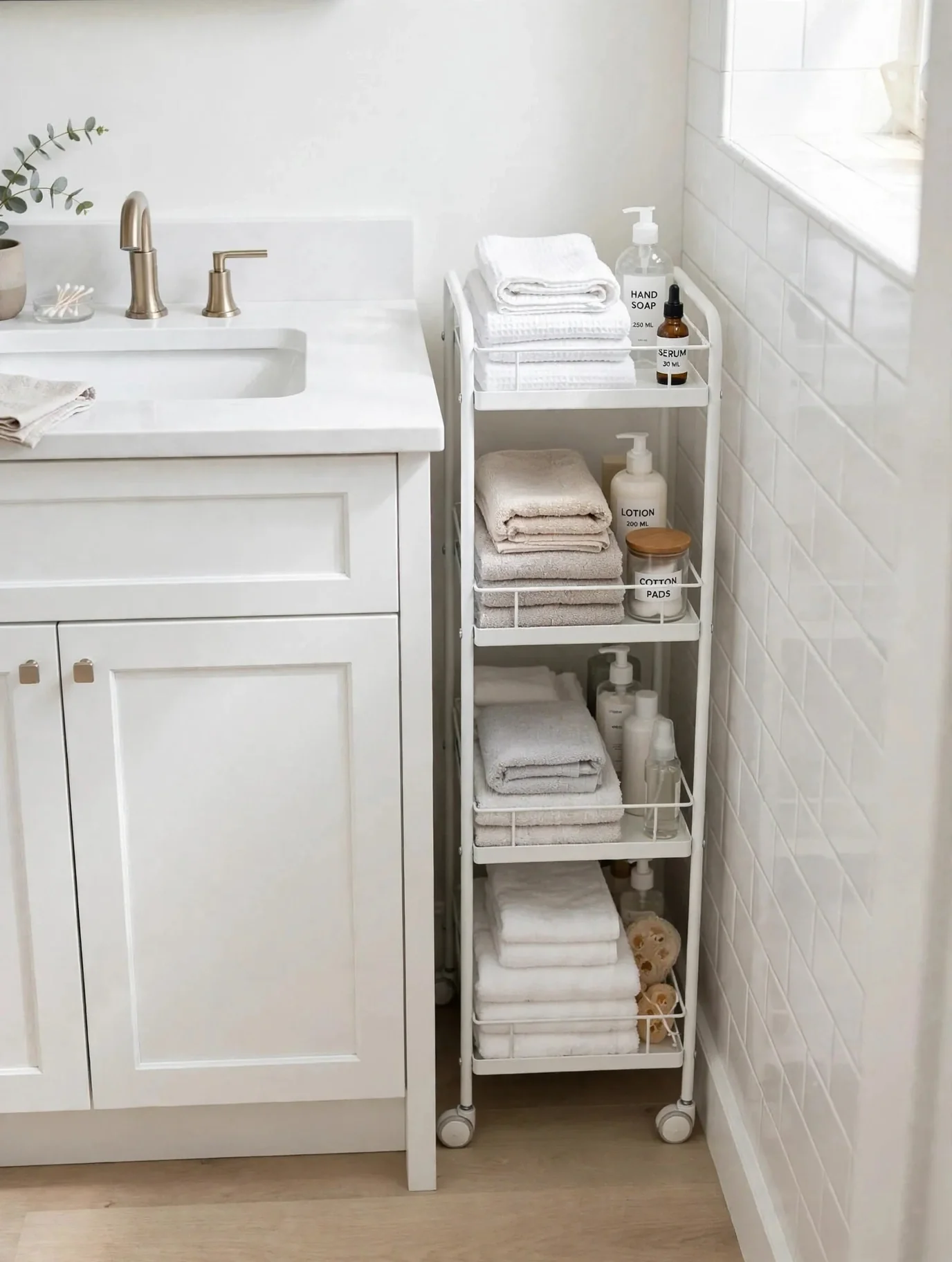 Slim rolling cart in the gap beside a bathroom vanity