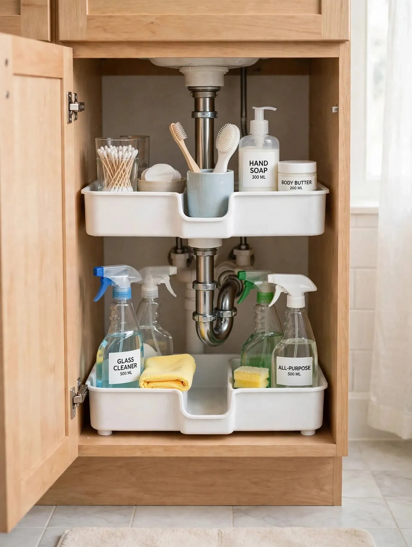 U-shaped organizer fitted around pipes under a bathroom sink