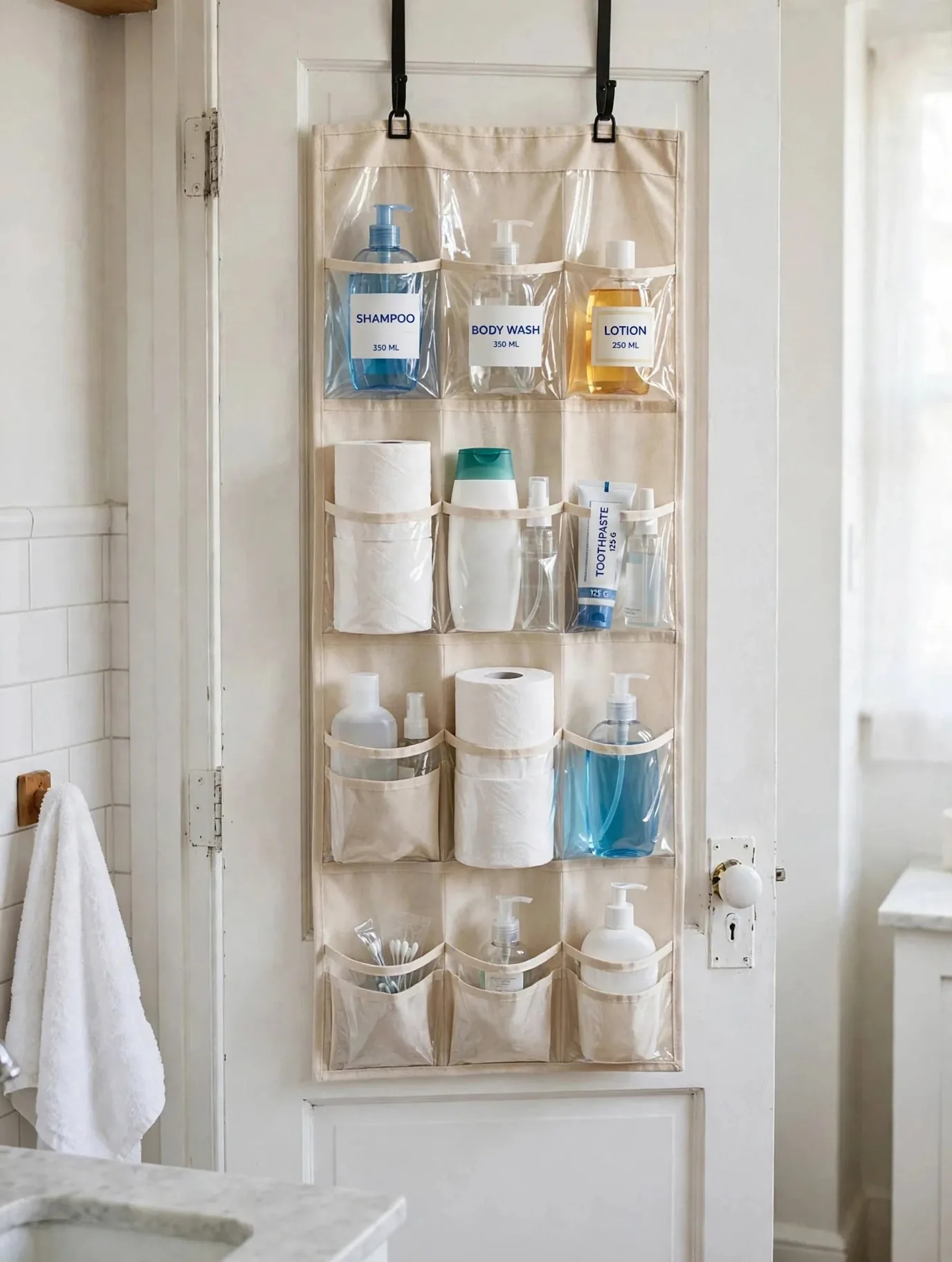 Over-the-door organizer with clear pockets in a small bathroom