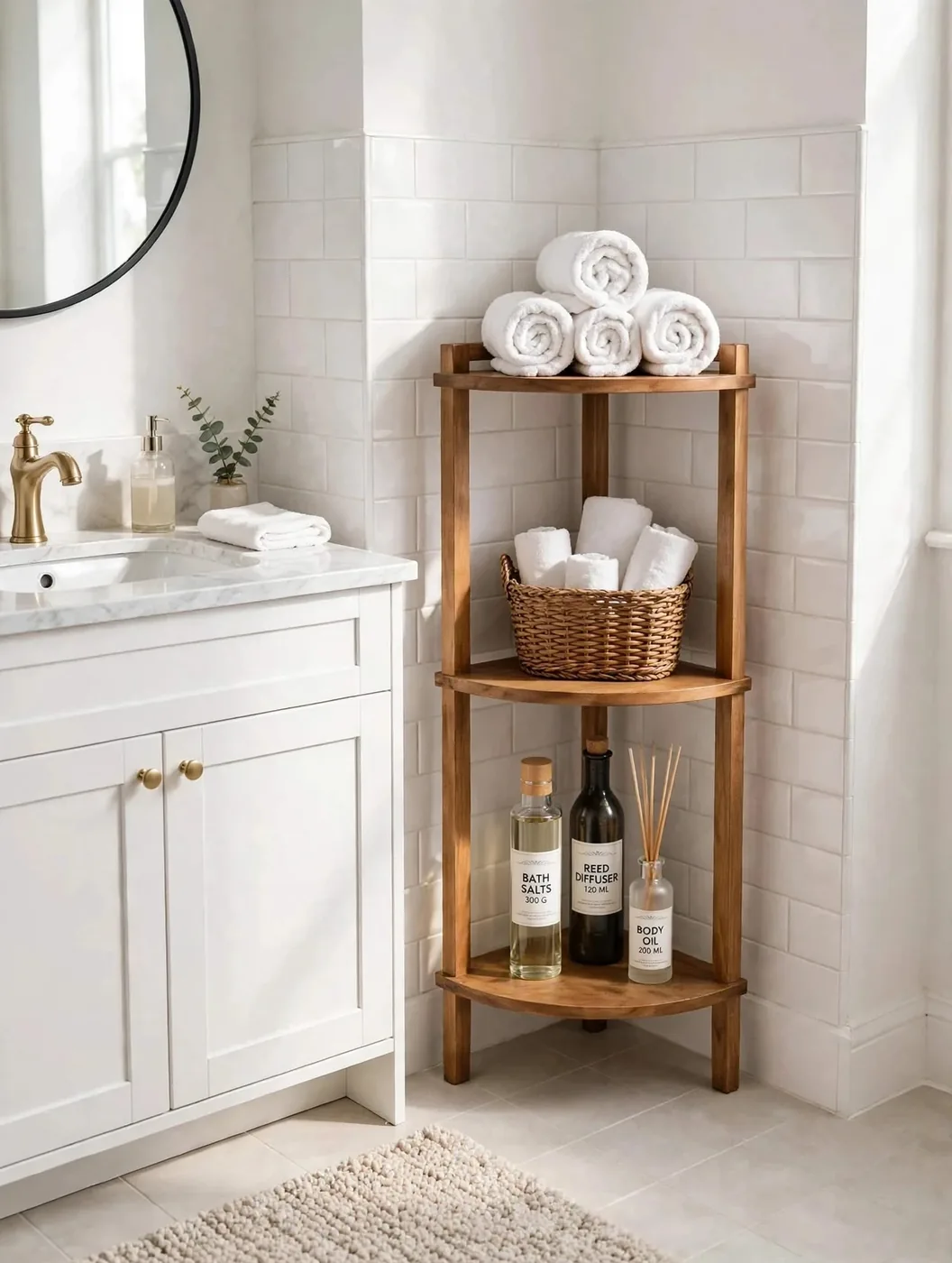Stacked corner shelves with towels in a small bathroom