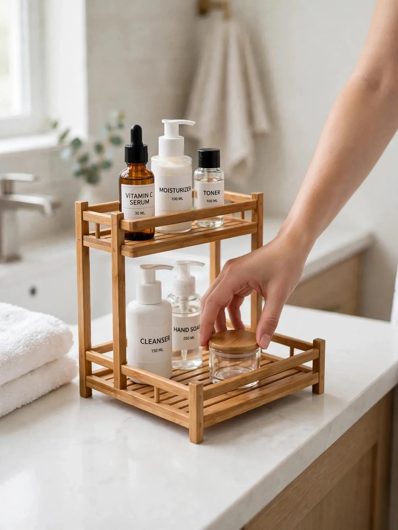 Two-tier bamboo tray organizing skincare on a bathroom counter