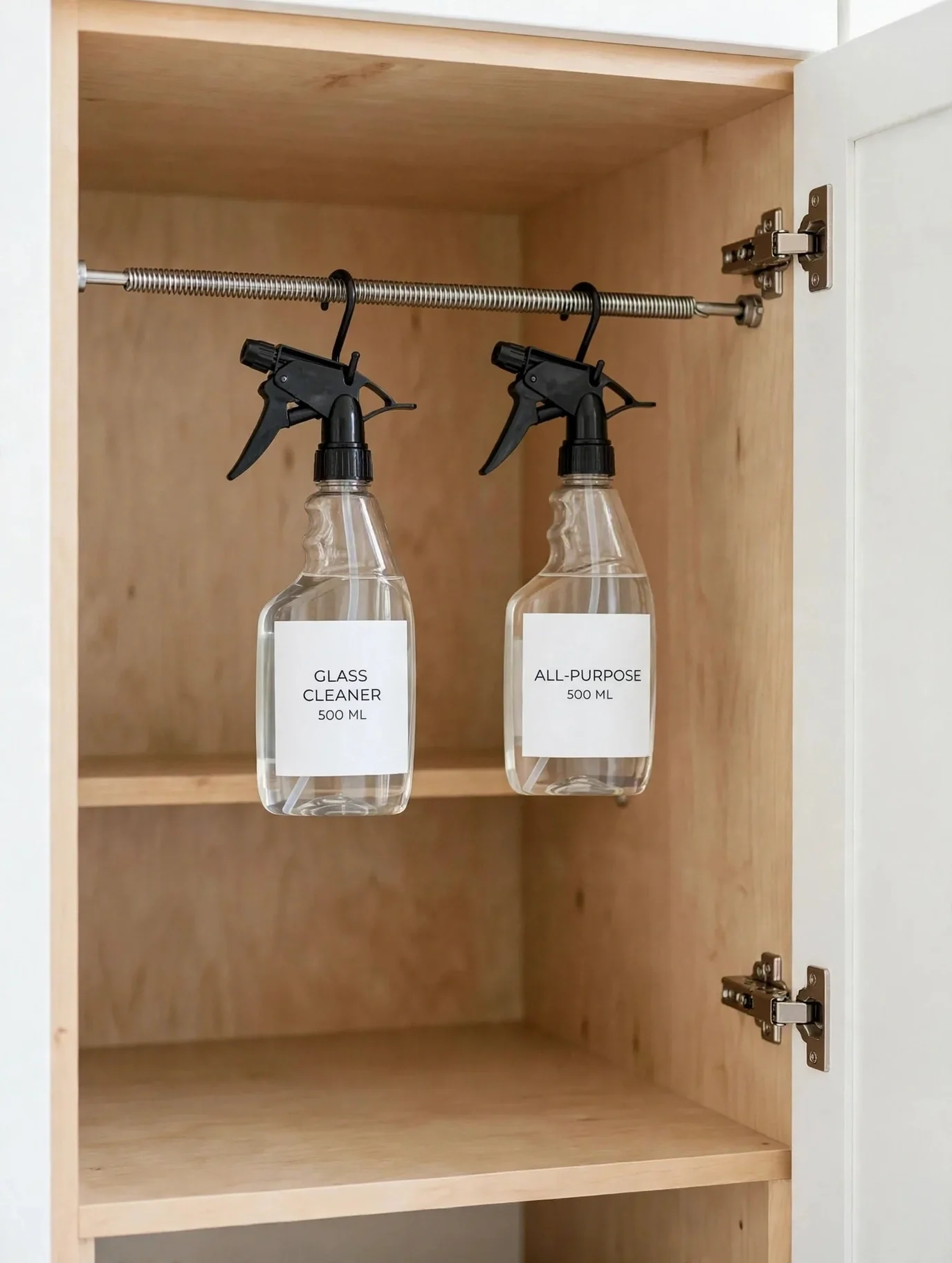Tension rod with hanging spray bottles inside a vanity cabinet