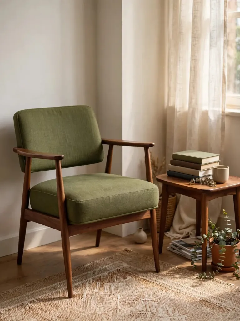Compact olive green mid-century accent chair with tapered walnut legs in a small apartment living room