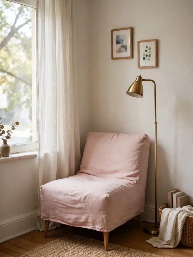 Blush linen armless slipper chair tucked into a narrow bedroom corner beside a brass floor lamp