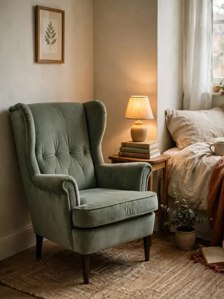 Petite sage green velvet wingback chair with tall back in a small bedroom corner