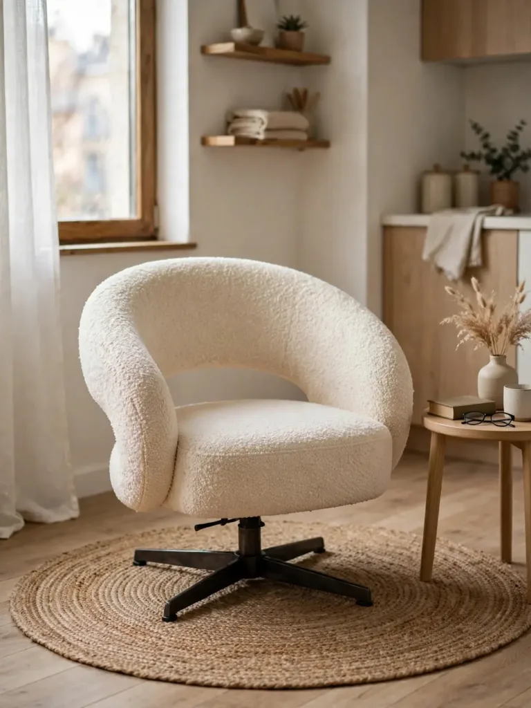 Cream boucle barrel chair on a dark swivel base in a studio apartment
