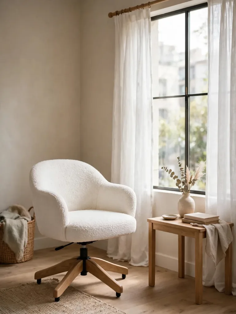 White boucle swivel accent chair beside a bright window in Japandi style