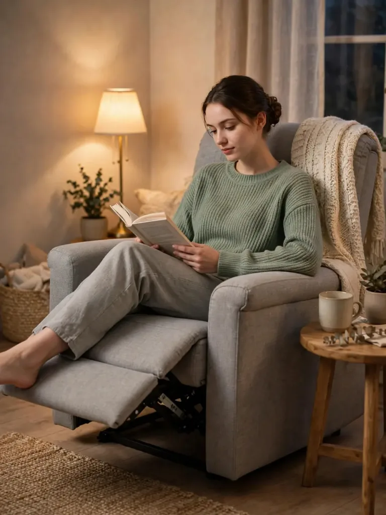 Woman reading a book in a gray wall-hugger recliner with footrest up