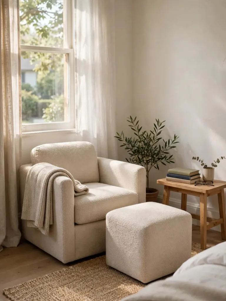 Beige armchair paired with matching ottoman and throw blanket in a bedroom corner