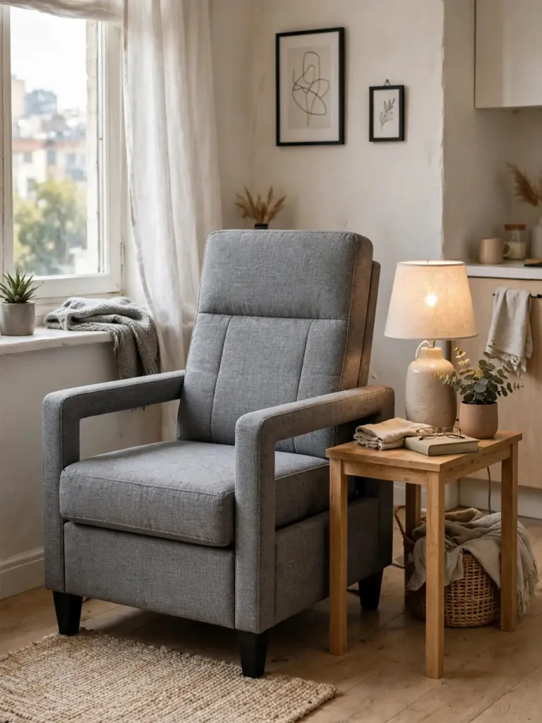 Gray convertible sleeper chair in upright chair mode in a studio apartment
