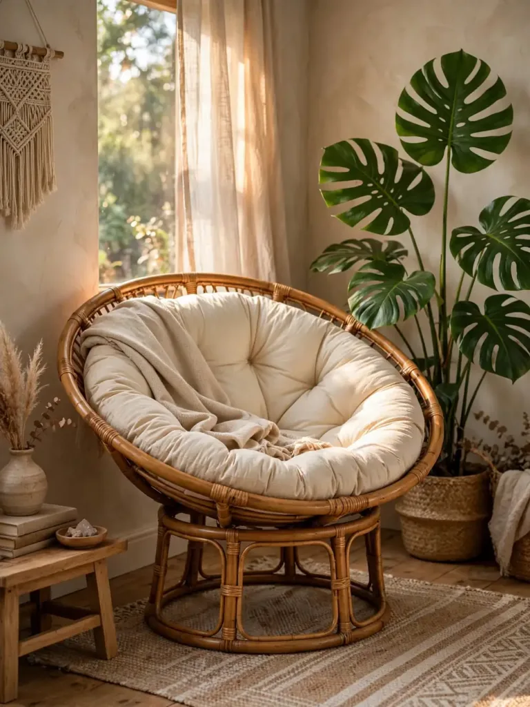 Rattan papasan chair with thick cream cushion beside a monstera plant