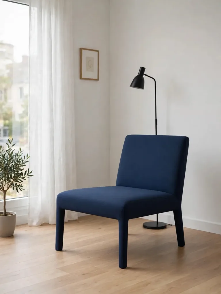 Navy blue armless lounge chair with clean modern lines in a minimalist apartment