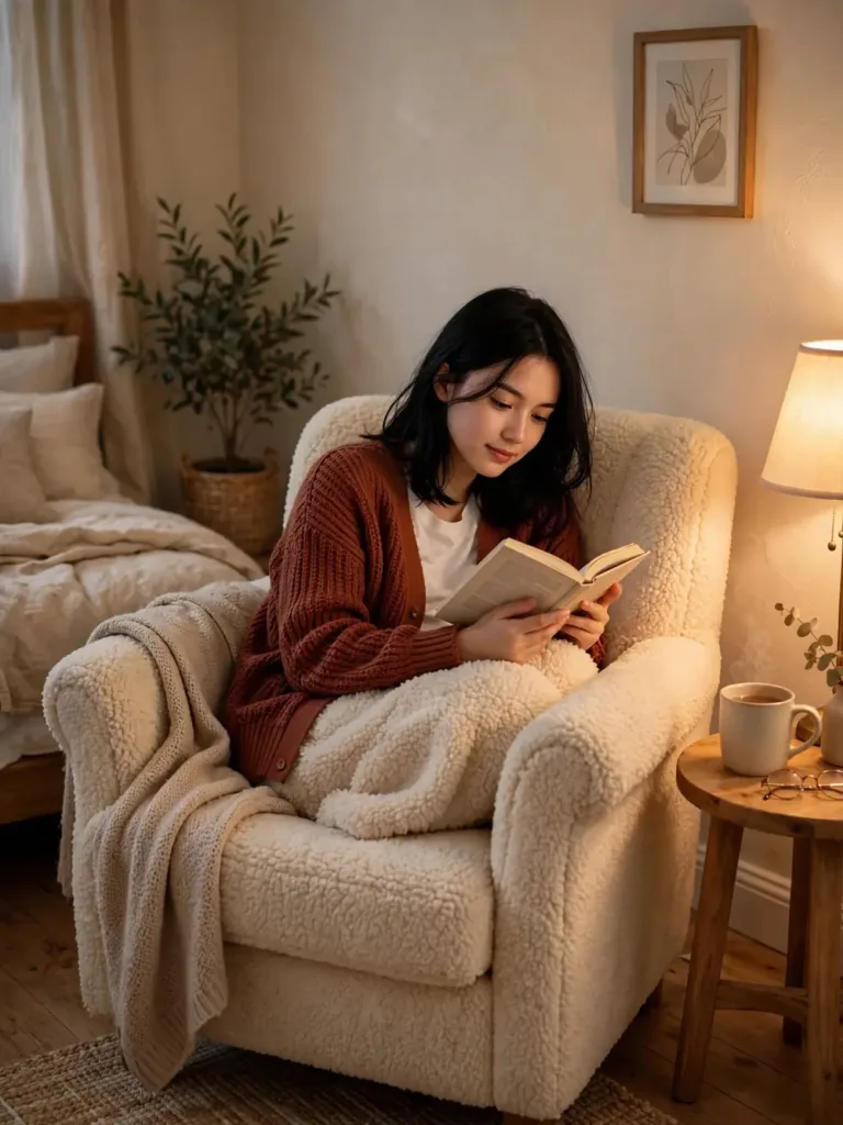 Woman reading in a cream teddy sherpa fleece armchair in a cozy bedroom corner