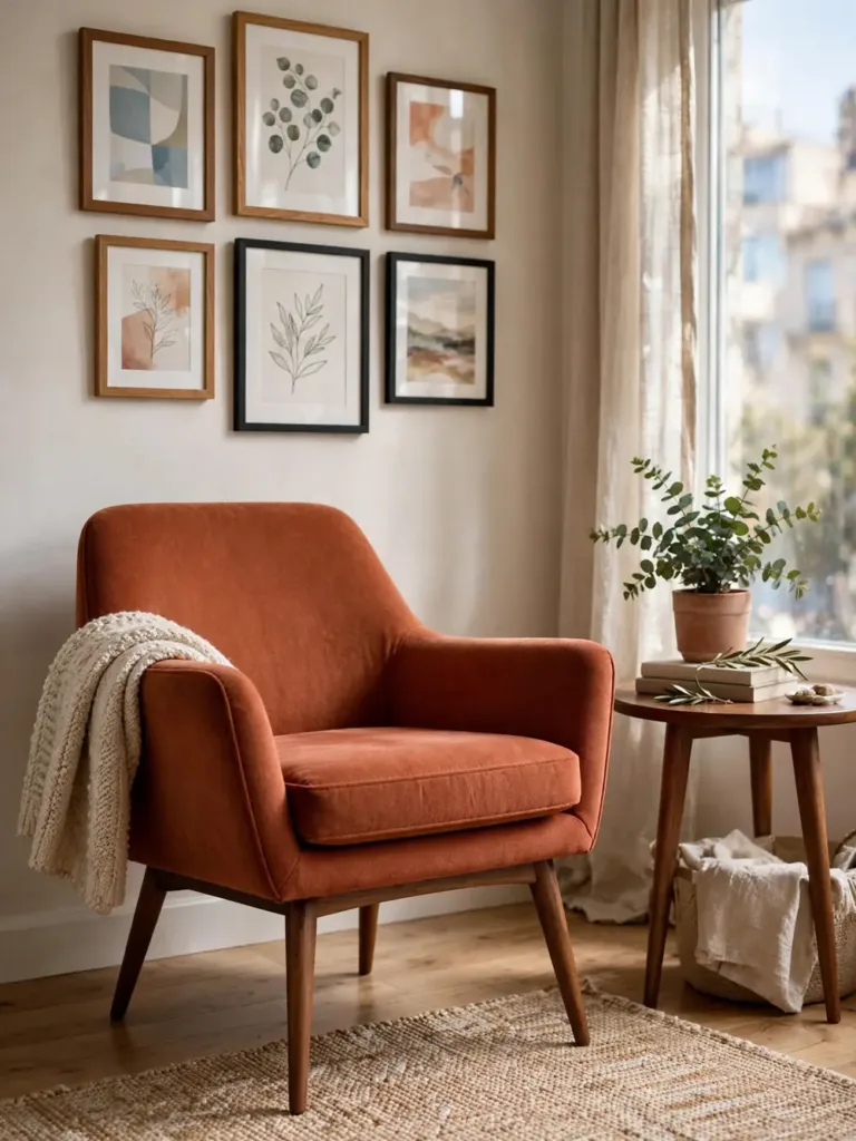 Terracotta mid-century accent chair with angled walnut legs and gallery wall behind