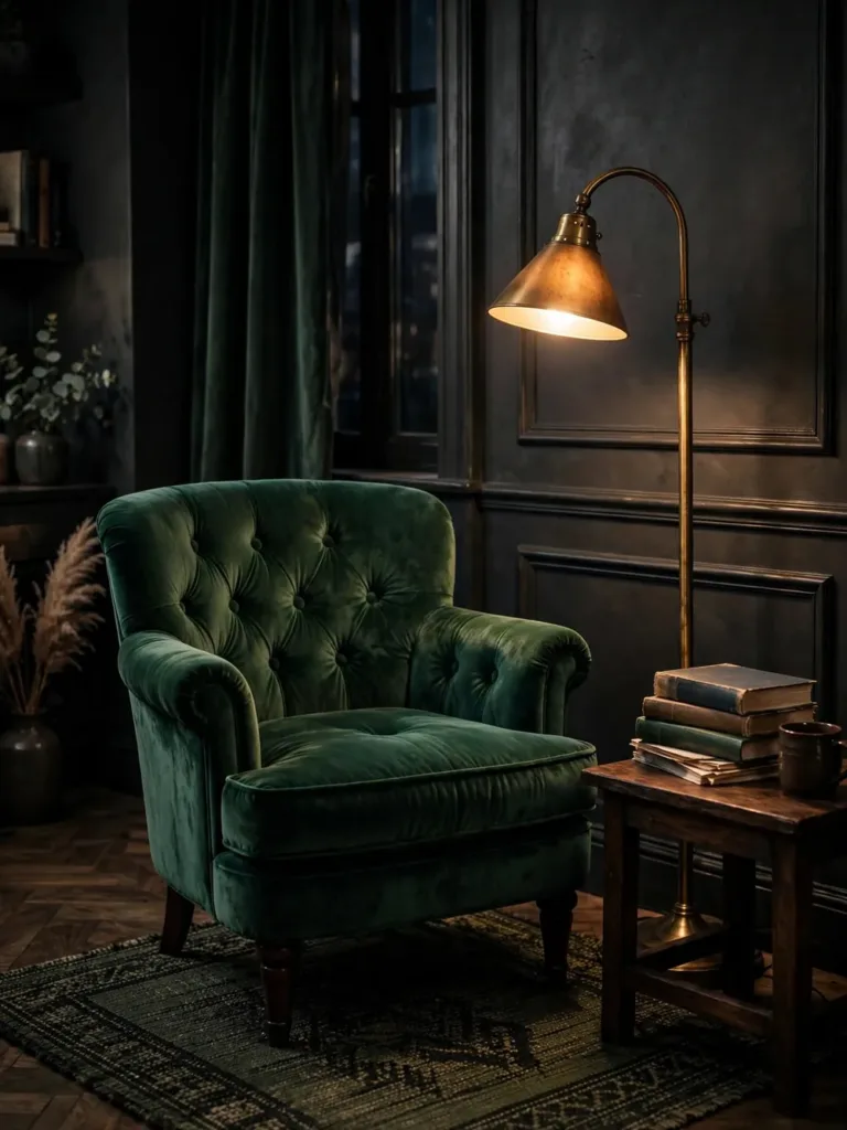Emerald green button-tufted club chair with brass floor lamp in a moody corner