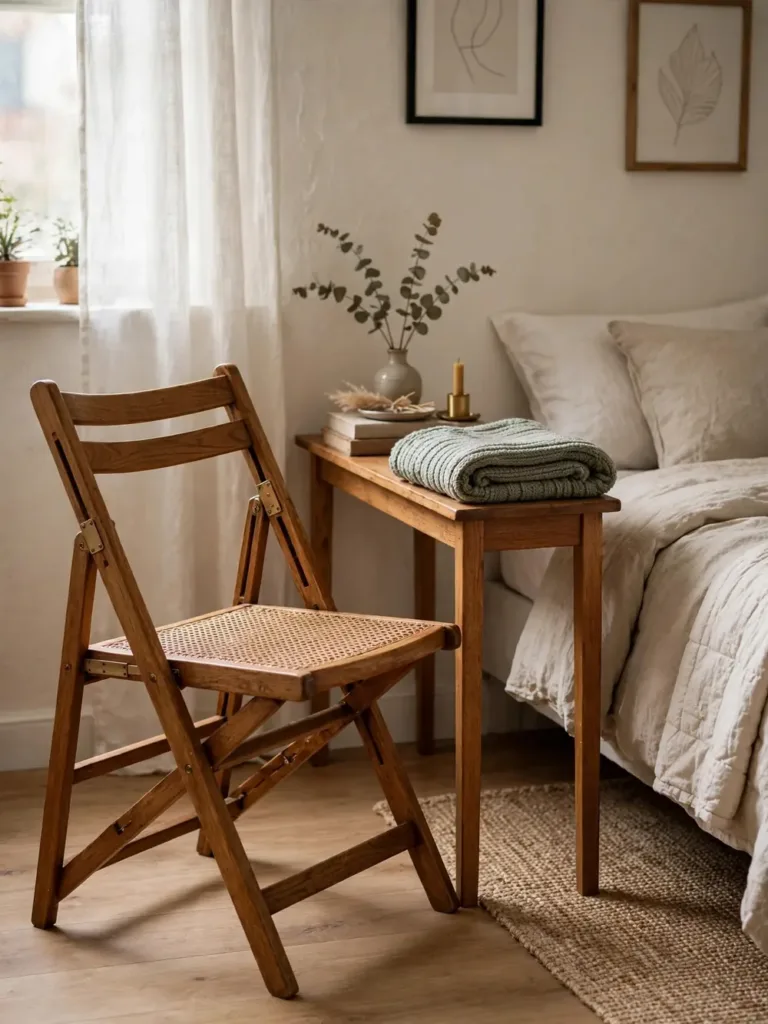 Wooden folding accent chair with woven cane seat beside a console table