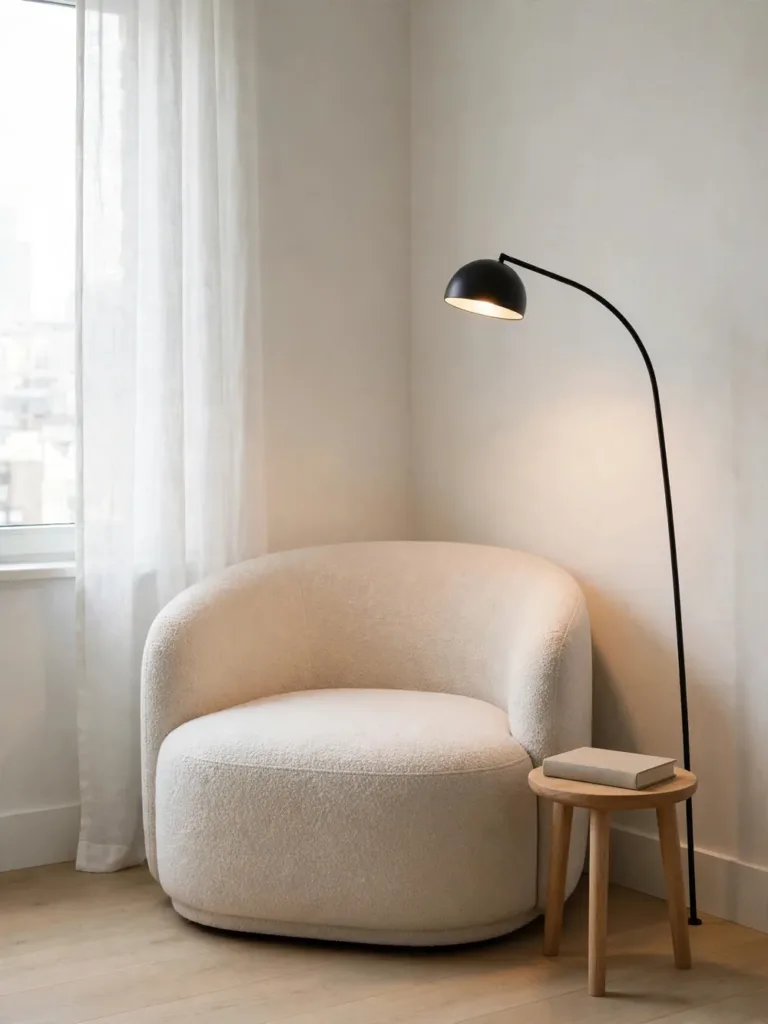 Rounded oatmeal corner lounge chair in a bright reading alcove with arc lamp