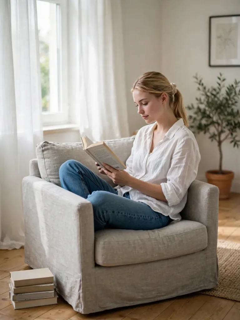 Woman reading in a low-profile gray linen chair beside a bright bedroom window