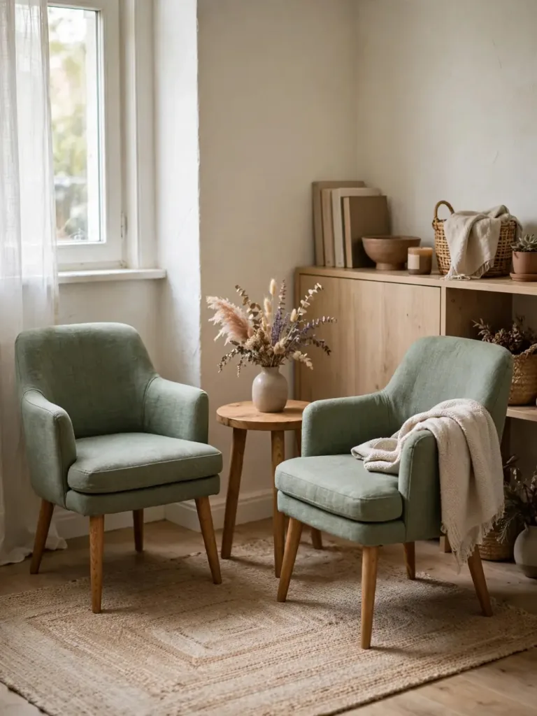 Two sage green accent chairs facing each other with a small round table between