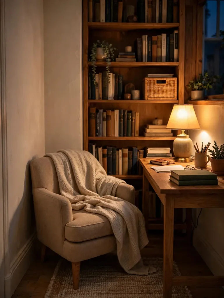 Beige occasional chair with throw blanket in a small home office corner