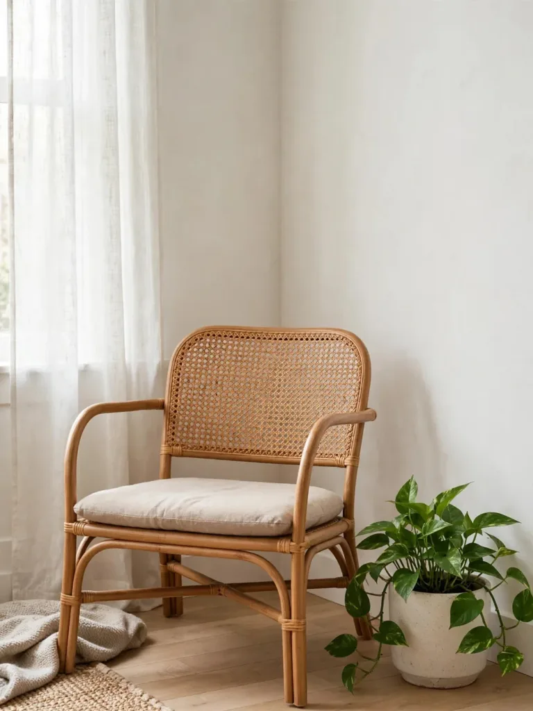 Rattan cane webbing accent chair with seat cushion in a bright apartment corner