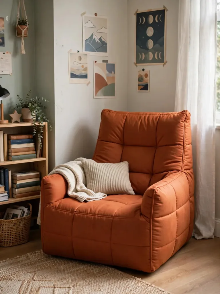 Rust-orange structured bean bag lounger chair in a teen bedroom corner