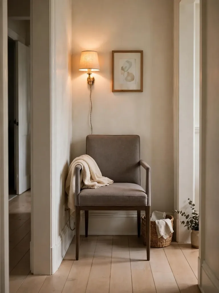 Slim gray narrow armchair in a hallway nook with wall sconce above