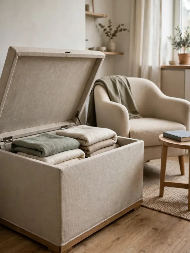 Linen storage ottoman with lid open showing folded blankets beside an armchair