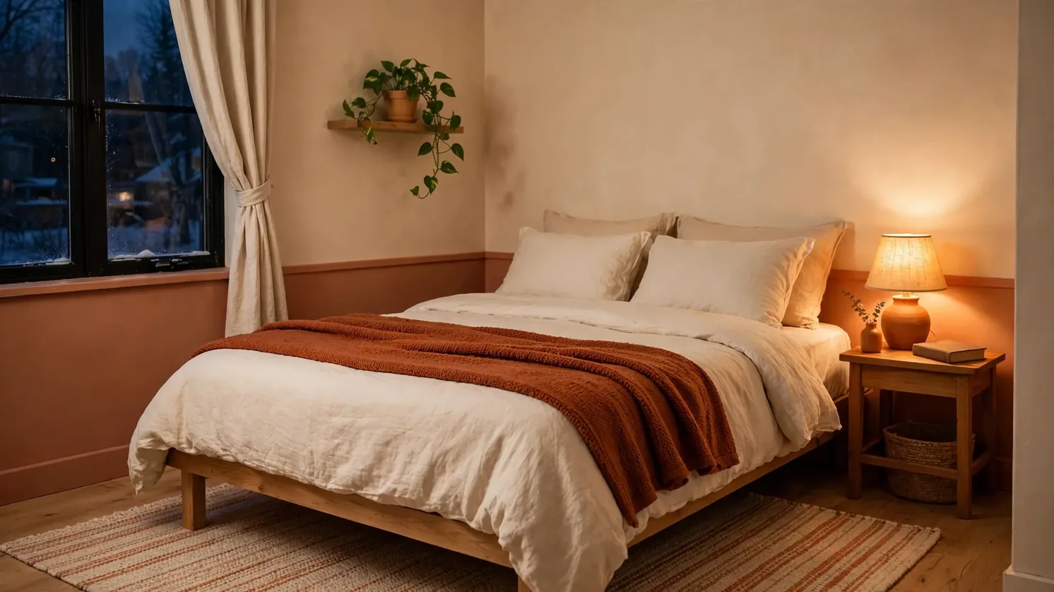 Cozy small bedroom ideas: layered bed with warm amber lighting in a small winter bedroom