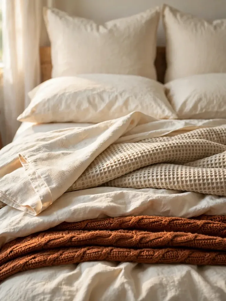 Layered bed with washed linen sheets, quilt and rust knit throw in a cozy small bedroom