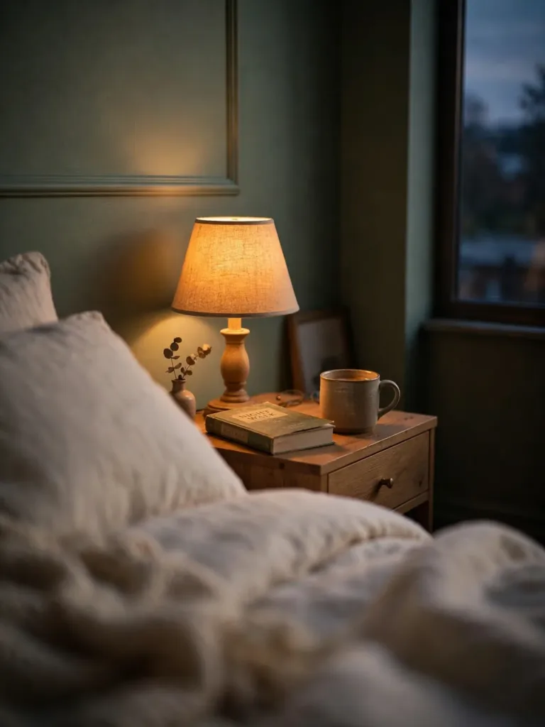 Bedside lamp with warm 2700K glow creating soft lighting in a small bedroom