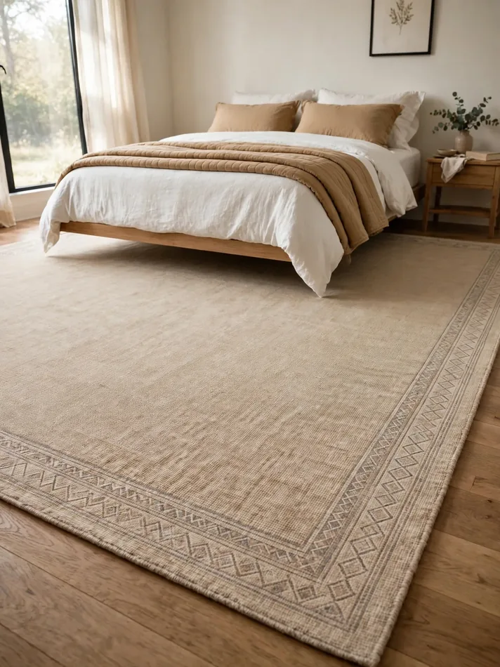 Flatweave rug extending past both sides of a bed in a small cozy bedroom