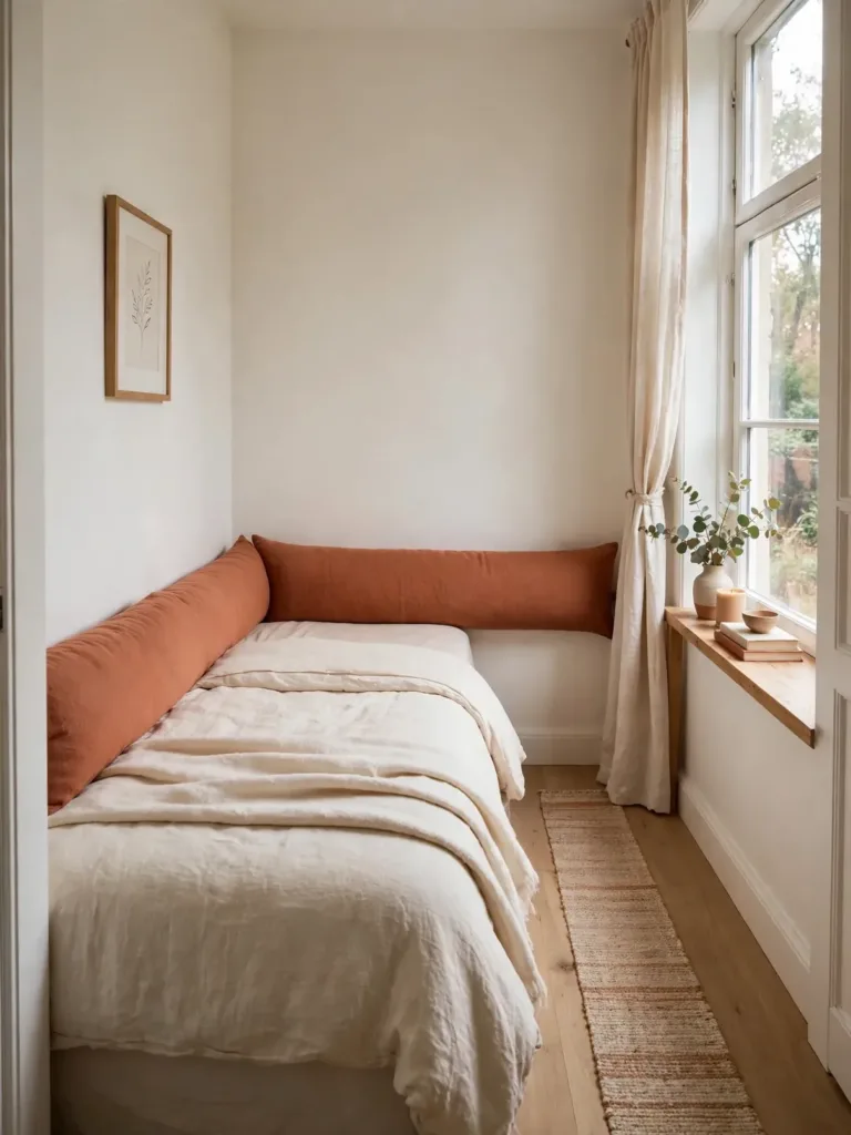 Bed pushed into the corner of a small bedroom with a long body pillow along the wall