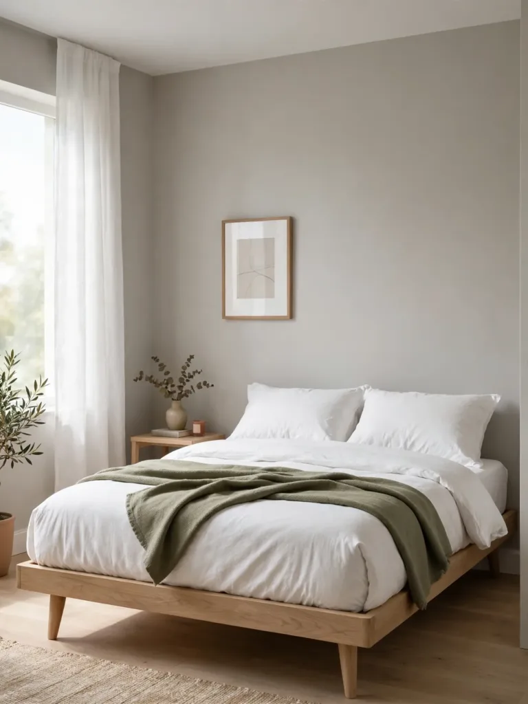 Low-profile platform bed on visible wooden legs making a small bedroom feel taller